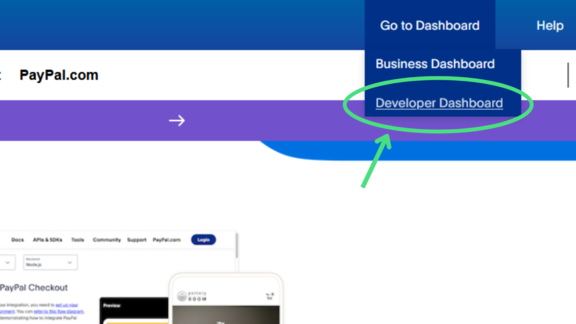 Developer Dashboard button on PayPal Developer page