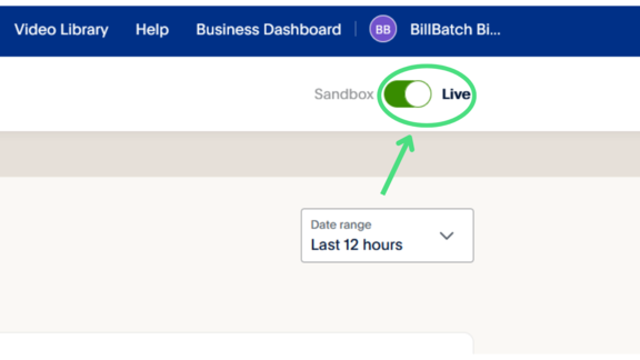 Live mode toggle on PayPal Developer page