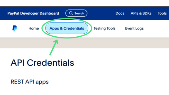 App & Credentials button on PayPal Developer page