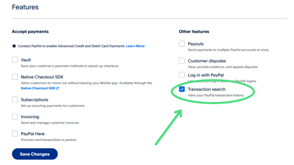 Features list on PayPal Developer page