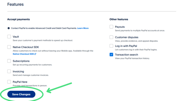 Save changes button on PayPal Developer page