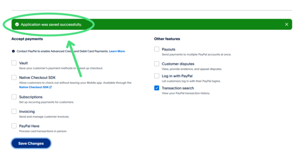 Success message on PayPal Developer page